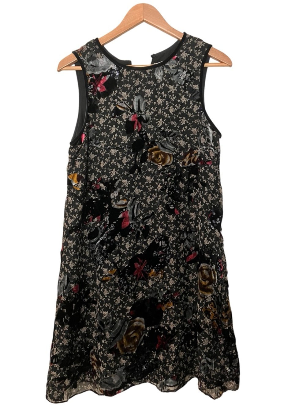 Y2K- M.S.S.P. Black Floral Velvet Burnout A-Line Dress Sz Med